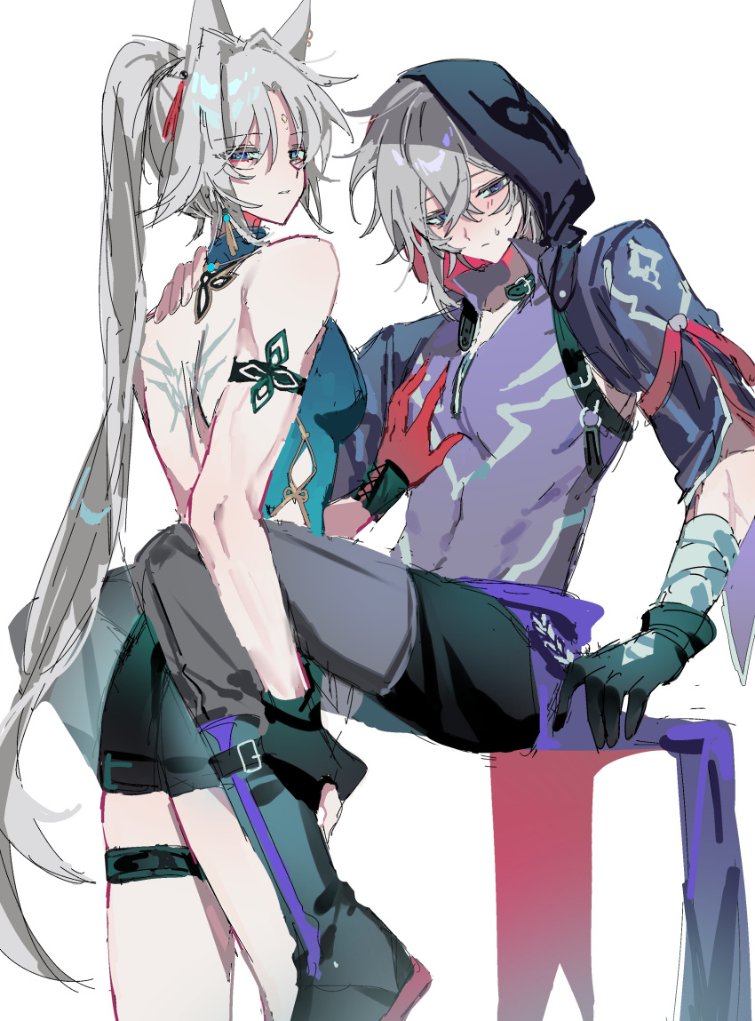 1boy, 1girl, absurdres, animal_ears, arm_tattoo, back, back_tattoo, bandaged_wrist