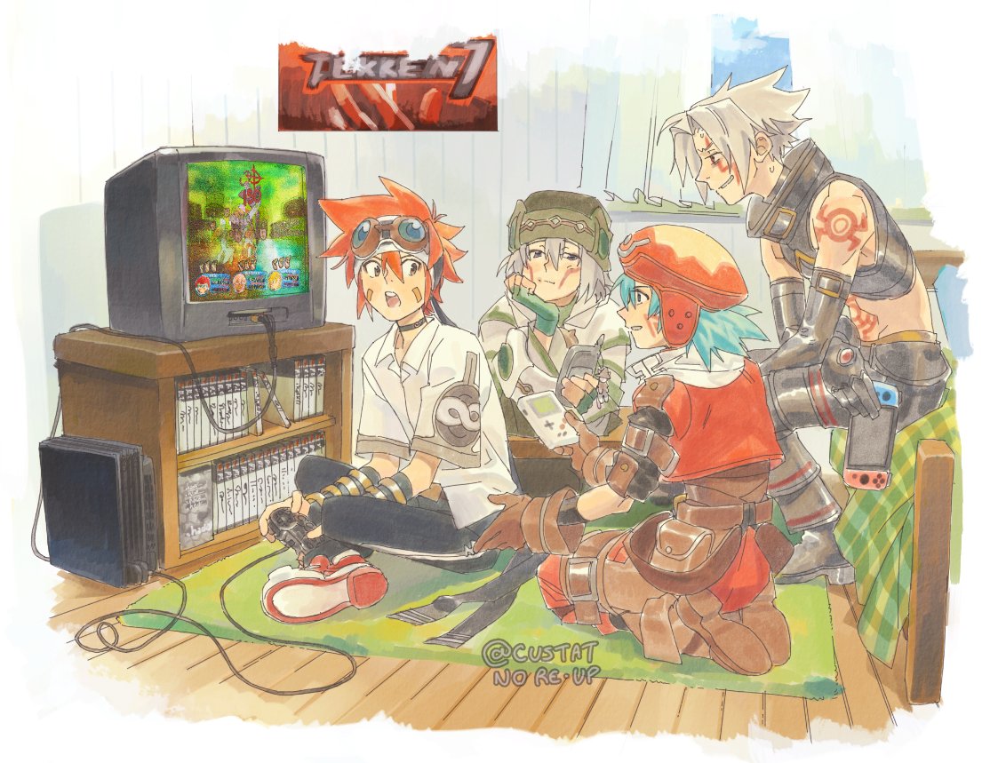 .hack//, 4boys, aqua_hair, bed, crt, curtains, custat, game_boy, game_console, goggles, goggles_on_head, grey_hair, handheld_game_console, haseo_(.hack//), hat, indoors, kite_(.hack//), kuryuu_tokio, male_focus, multiple_boys, nintendo_switch, pants, playstation_2, playstation_all-stars_battle_royale, playstation_controller, poster_(object), red_hat, red_pants, red_vest, redhead, sony, tekken, tekken_7, television, tsukasa_(.hack//), twitter_username, vest