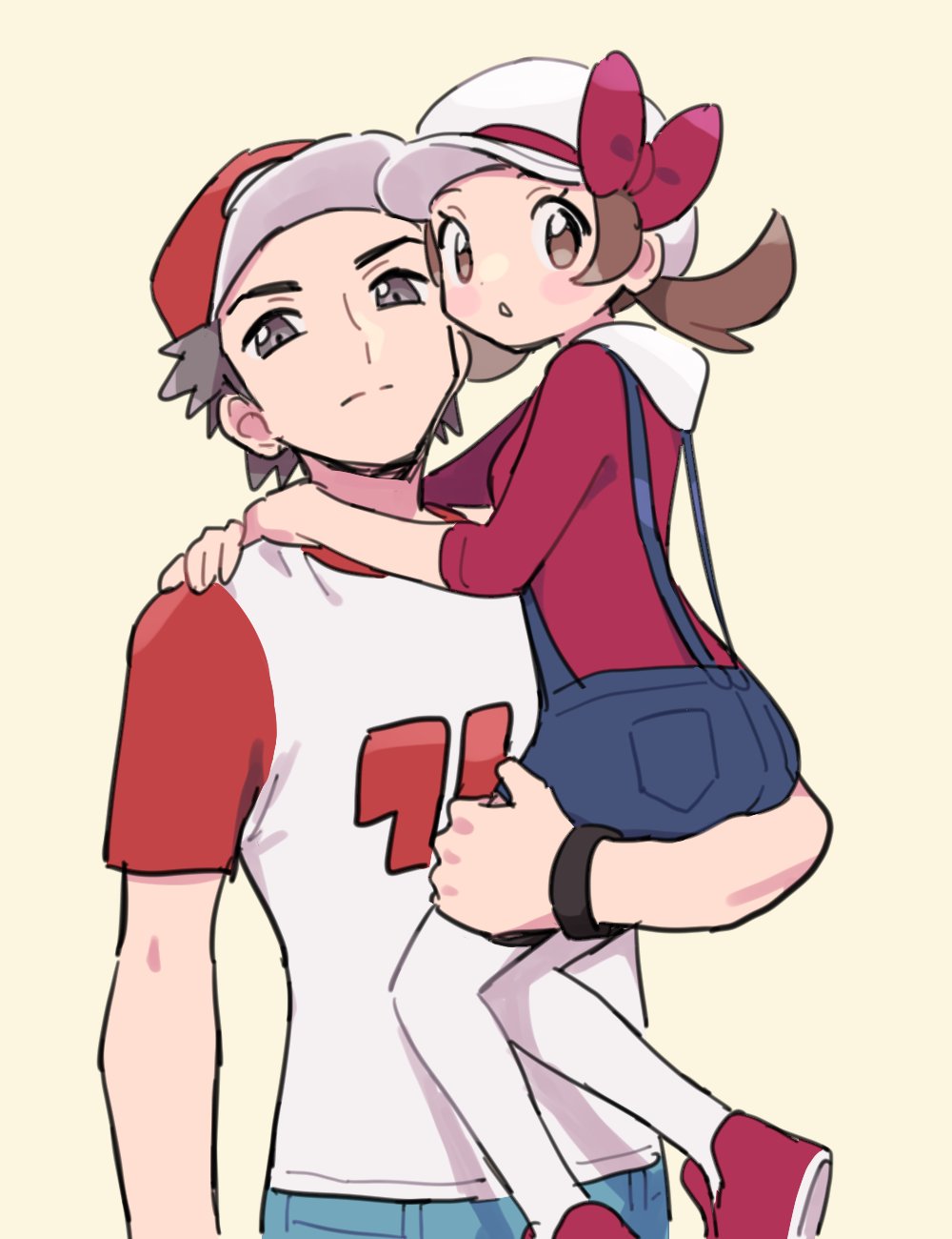 1boy, 1girl, :o, aged_up, ass, baseball_cap, black_wristband, blue_overalls