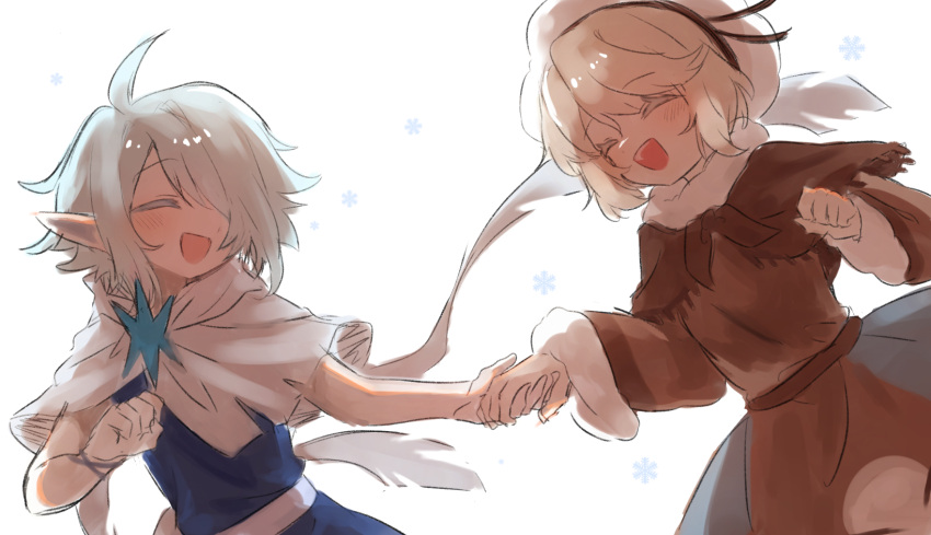 1boy, 1girl, ahoge, androgynous, beret, blue_hair, brown_capelet, brown_dress