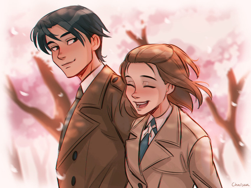 1boy, 1girl, ^_^, black_hair, brown_coat, brown_hair, chalseu, cherry_blossoms, closed_eyes, closed_mouth, coat, english_commentary, fruits_basket, half_updo, highres, looking_at_another, necktie, open_mouth, shirt, short_hair, signature, smile, souma_hatori, souma_kana, upper_body, white_shirt