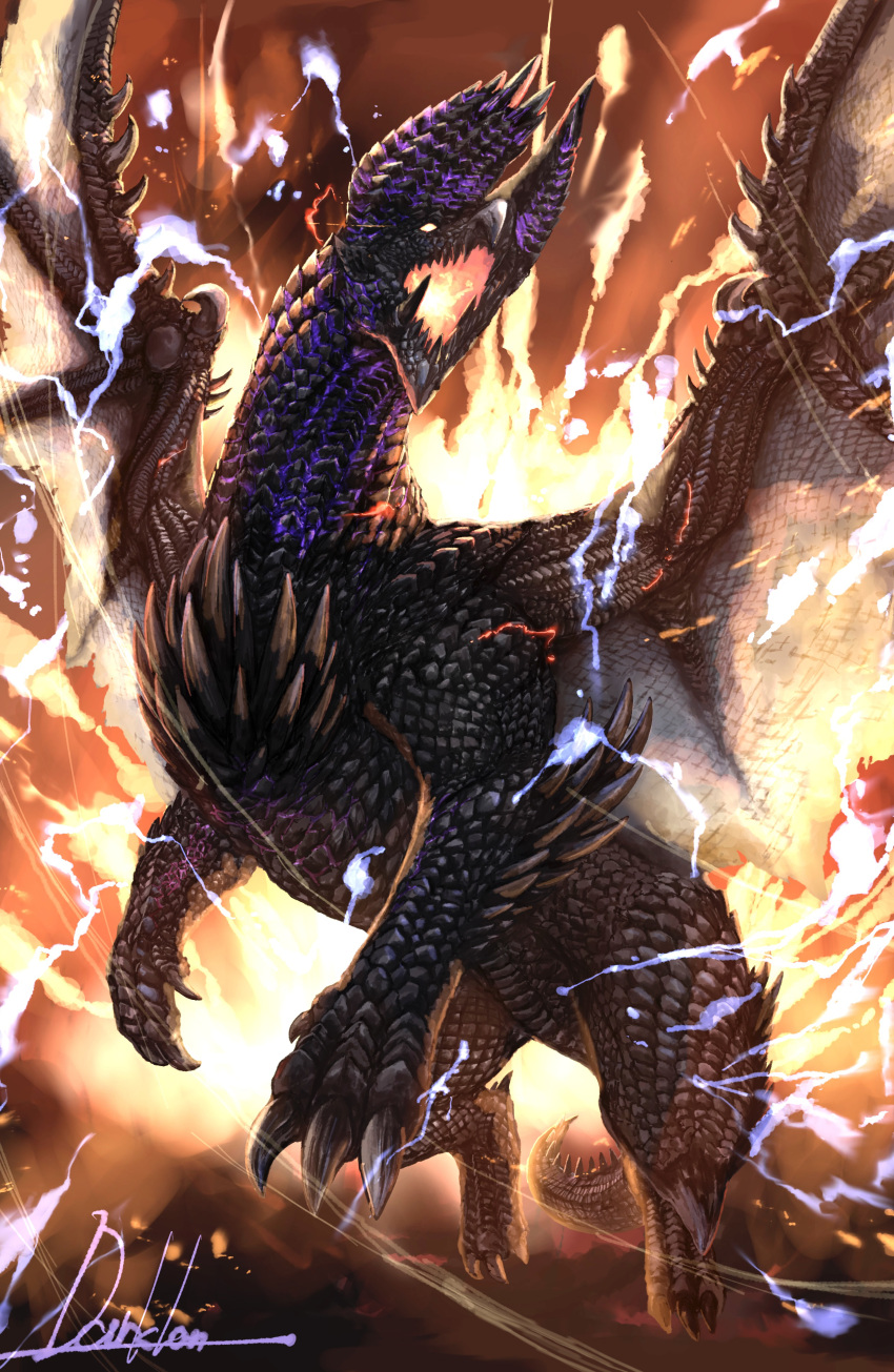 absurdres, alatreon, artist_name, black_scales, breath_weapon, breathing_fire, claws, darklo, dragon, dragon_horns, dragon_tail, dragon_wings, electricity, electrokinesis, fire, flying, glowing, glowing_eyes, highres, horns, monster, monster_focus, monster_hunter_(series), no_humans, open_mouth, pyrokinesis, sharp_teeth, solo, spiked_wings, spikes, tail, teeth, tusks, wings
