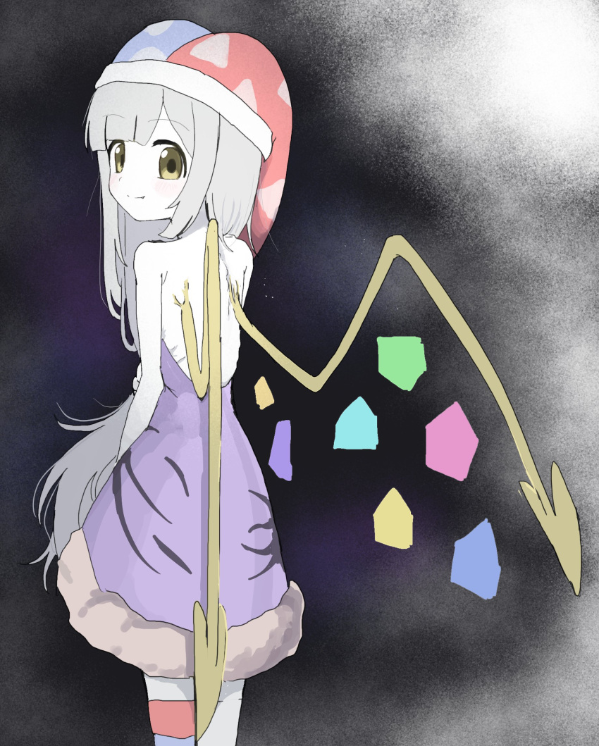 1girl, bare_shoulders, blue_hat, blunt_bangs, closed_mouth, commentary_request, cosplay, dress