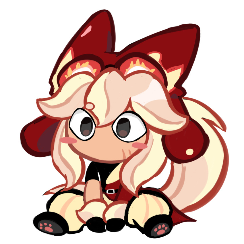 1boy, animal_feet, blonde_hair, blush_stickers, commentary_request, cookie_run, cookie_run:_ovenbreak, food, fruit, gimt5n, hat, highres, korean_commentary, long_hair, male_focus, no_mouth, official_style, pawpads, sitting, solo, strawberry, strawberry_cream_cookie, tail, white_background