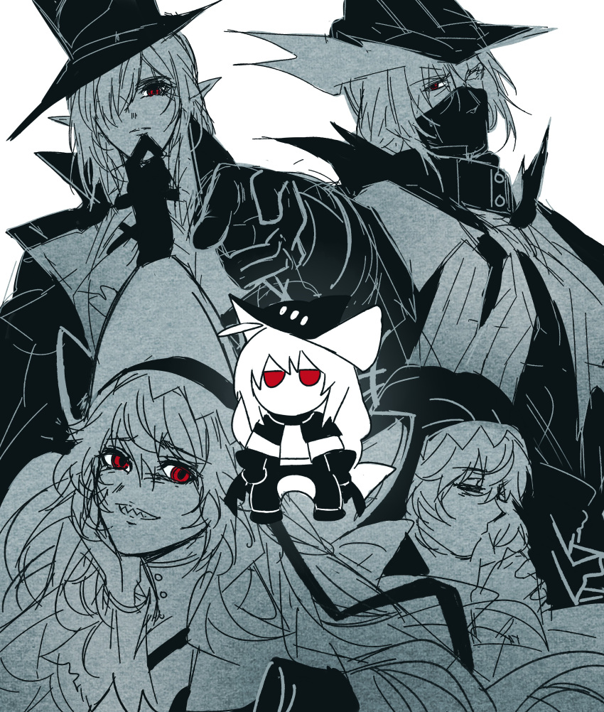 1boy, 4girls, absurdres, arknights, chibi, dual_persona, evil_smile, gladiia_(arknights)