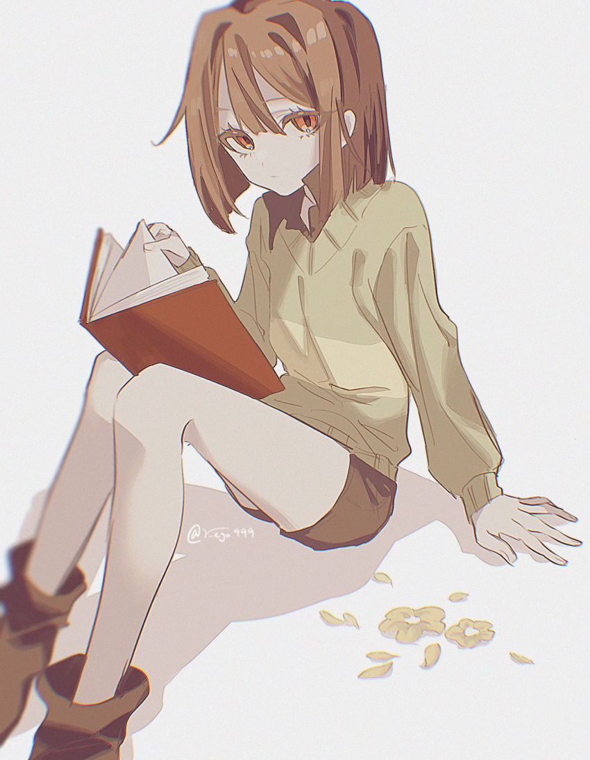 1girl, ankle_boots, arm_at_side, arm_support, blunt_ends, book, boots, brown_footwear