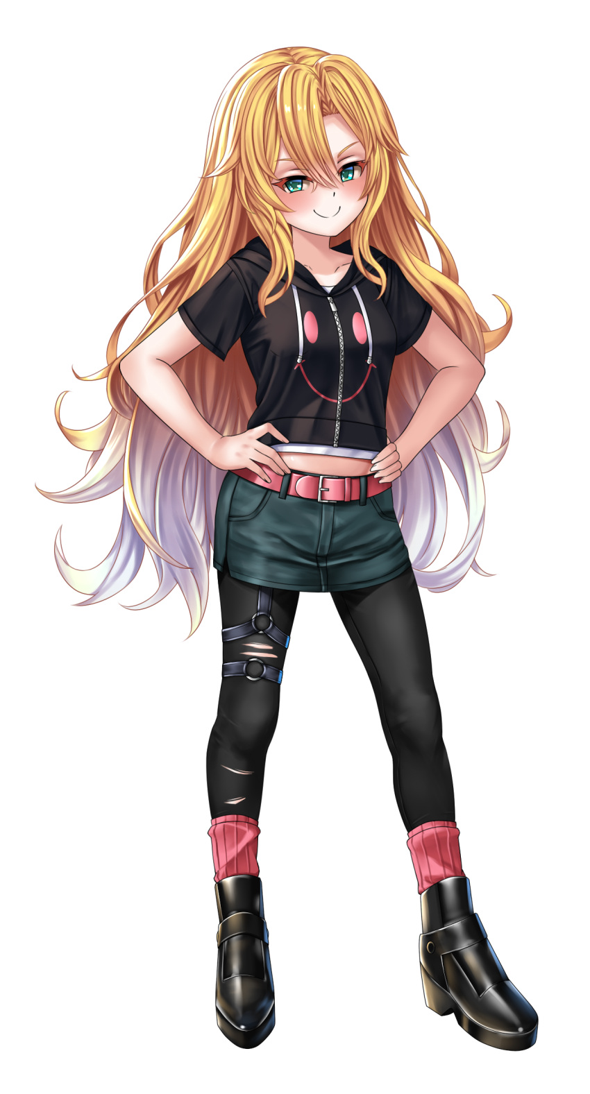 1girl, abs, alternate_costume, belt, blonde_hair, blue_eyes, boots, breasts