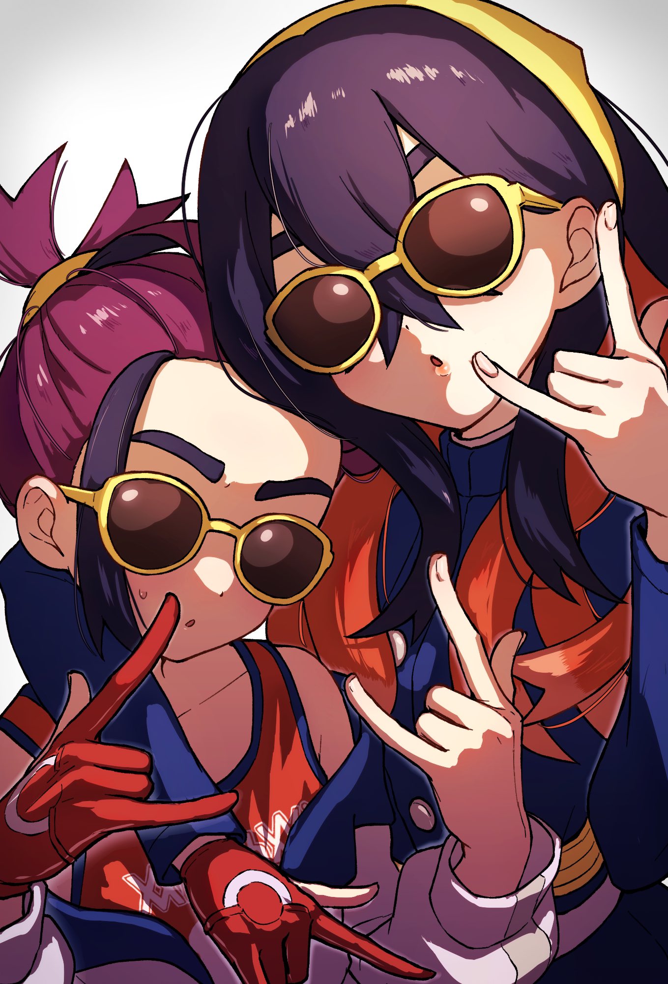 1boy, 1girl, \m/, black_hair, blue_jacket, brother_and_sister, carmine_(pokemon), crossed_bangs, enudesuga, gloves, hair_between_eyes, hairband, highres, jacket, kieran_(pokemon), long_hair, long_sleeves, off_shoulder, open_clothes, open_jacket, parted_lips, partially_fingerless_gloves, pokemon, pokemon_sv, red_gloves, redhead, siblings, simple_background, single_glove, sunglasses, sweat, tank_top, upper_body, white_jacket, yellow_hairband