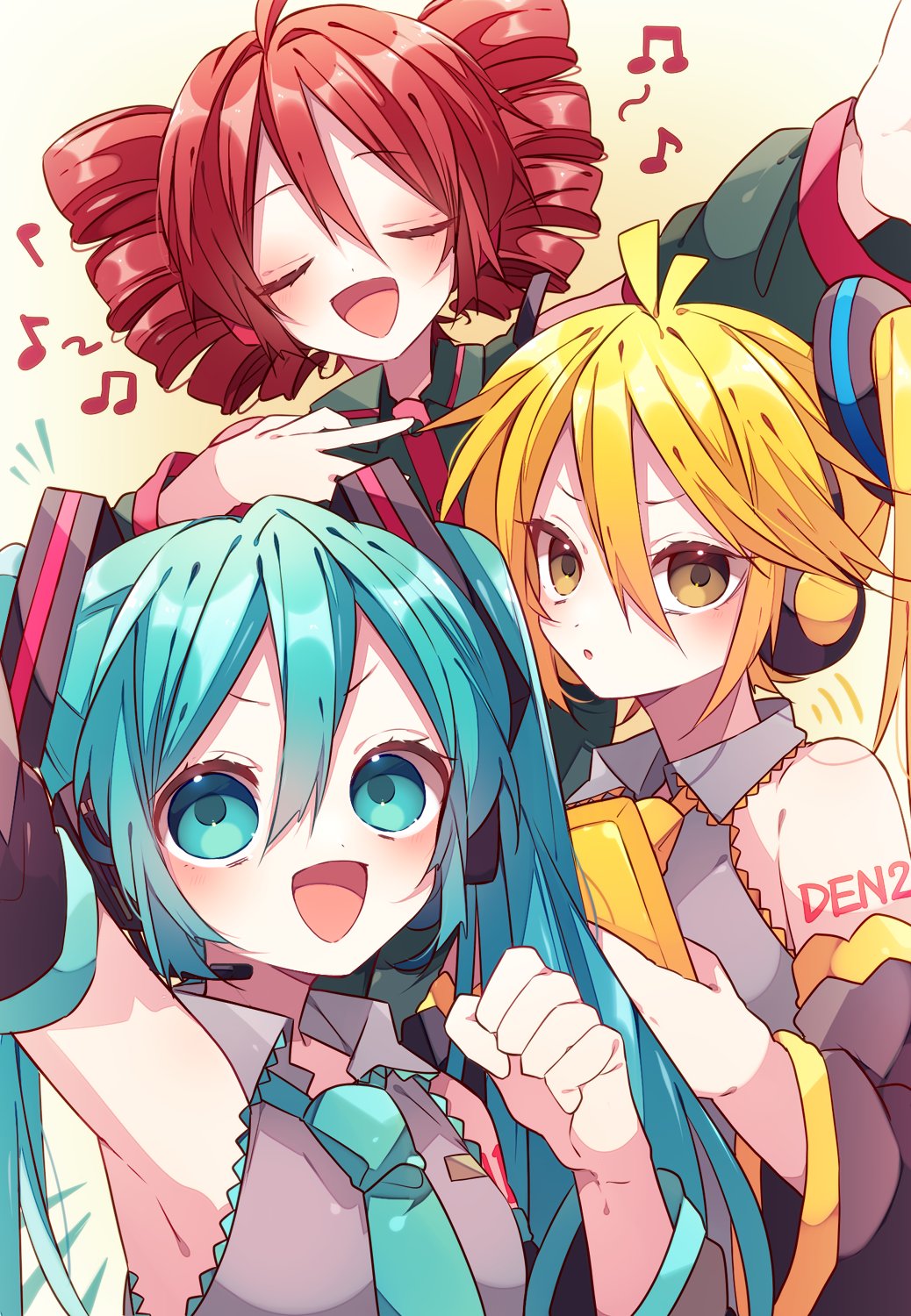 3girls, ahoge, akita_neru, antenna_hair, black_shirt, blonde_hair, blue_eyes, blue_hair, blue_necktie, blue_trim, blush, cellphone, closed_eyes, collared_shirt, detached_sleeves, drill_hair, flip_phone, grey_shirt, hand_on_own_chest, hand_up, hatsune_miku, headphones, headset, highres, holding, holding_phone, kaho_0102, kasane_teto, long_hair, long_sleeves, looking_at_viewer, multiple_girls, music, musical_note, necktie, open_mouth, phone, ponytail, red_necktie, red_trim, redhead, shirt, side_ponytail, singing, sleeveless, sleeveless_shirt, triple_baka_(vocaloid), twin_drills, twintails, upper_body, utau, vocaloid, white_background, yellow_background, yellow_eyes, yellow_necktie, yellow_trim