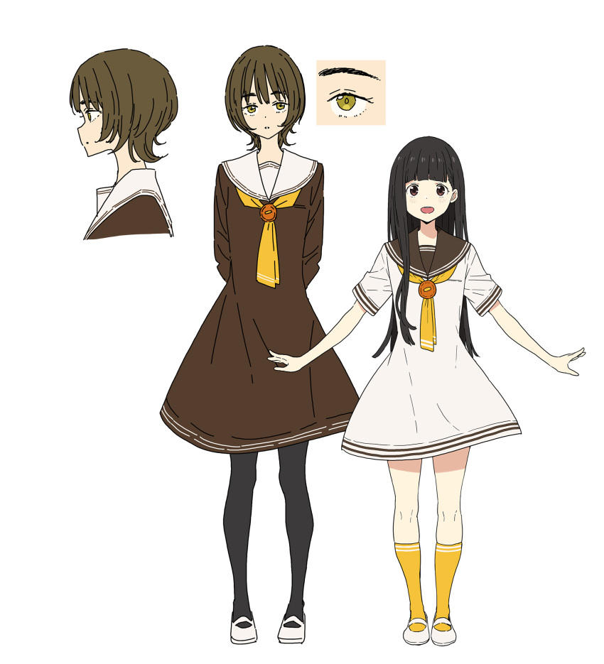 2girls, ankle_socks, arms_behind_back, blush, brown_eyes, brown_sailor_collar, brown_shirt, commentary, concept_art, dress, from_side, gondou_asami, hair_behind_ear, highres, hime_cut, imigimuru, long_hair, make_heroine_ga_oo_sugiru!, multiple_girls, neckerchief, necktie, nukumizu_kaju, official_art, open_mouth, outstretched_arms, pantyhose, sailor_collar, sailor_dress, shirt, short_hair, simple_background, smile, socks, spread_arms, tall_female, white_background, white_sailor_collar, yellow_eyes, yellow_neckerchief, yellow_necktie, yellow_socks