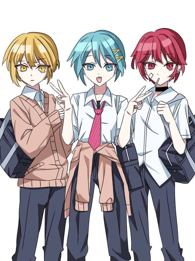 3boys, akita_nero, akita_neru, bag, black_choker, black_pants, blonde_hair, blue_eyes