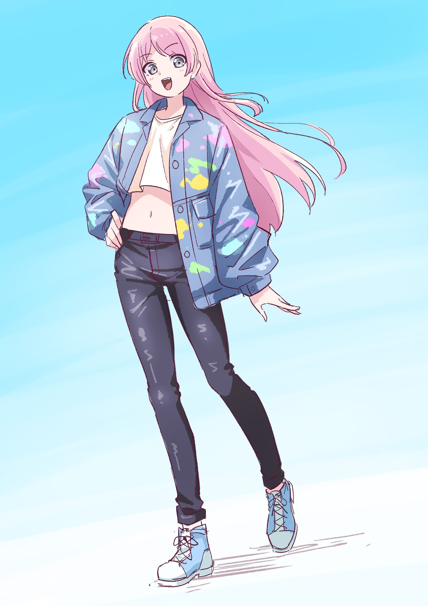 1girl, bang_dream!, bang_dream!_it's_mygo!!!!!, black_pants, blue_background, blue_footwear, blue_jacket, chihaya_anon, crop_top, denim, fang, full_body, gradient_background, grey_eyes, hand_on_own_hip, highres, jacket, jeans, long_hair, long_sleeves, looking_at_viewer, midriff, navel, open_clothes, open_jacket, open_mouth, pants, pink_hair, shirt, shoes, smile, sneakers, solo, sukenine, white_background, white_shirt