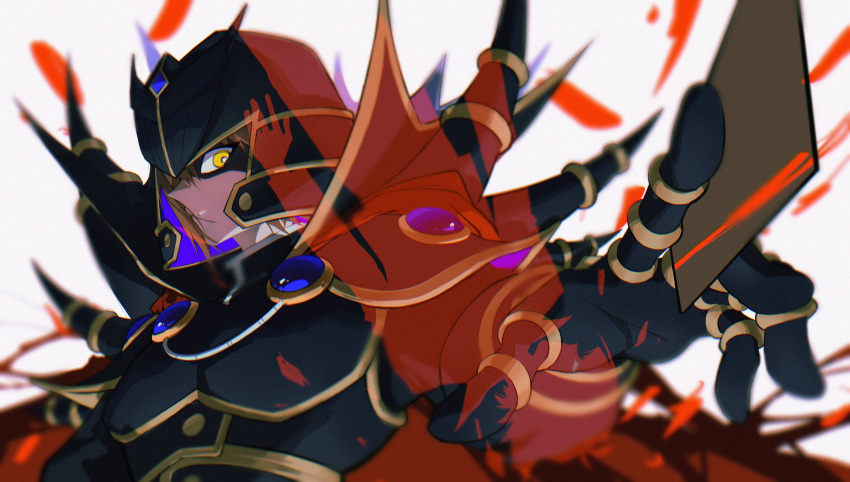 1boy, absurdres, armor, black_armor, black_helmet, blurry, blurry_background, can, cape, ditto_(specular), helmet, highres, holding, holding_can, male_focus, red_cape, solo, spikes, supreme_king_(yu-gi-oh!_gx), trading_card, upper_body, white_background, yellow_eyes, yu-gi-oh!, yu-gi-oh!_gx, yuki_judai