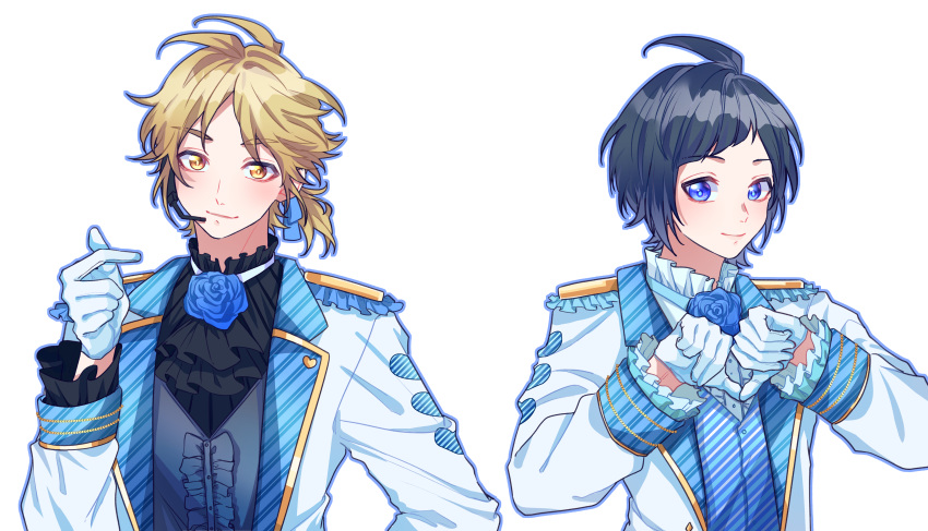 2boys, absurdres, ascot, black_ascot, black_shirt, blue_eyes, blue_flower, blue_hair