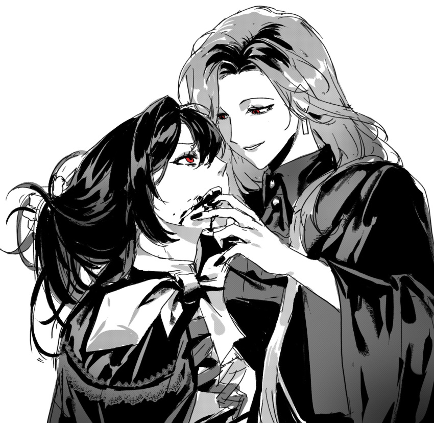 2girls, biting_another's_finger, blood, blood_on_hands, cape, collared_shirt, eye_contact, face-to-face