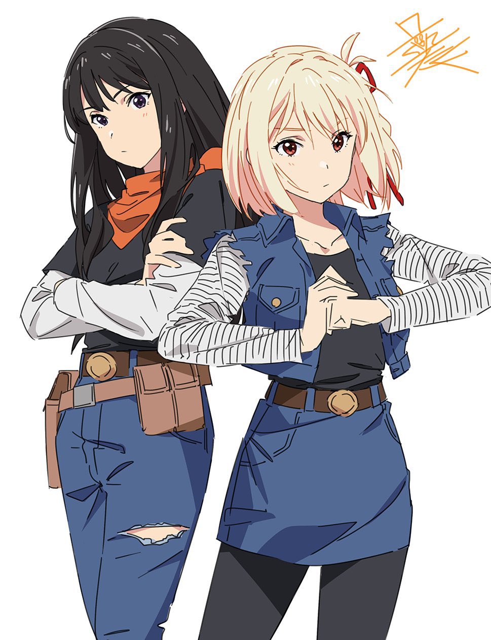 2girls, android_17, android_17_(cosplay), android_18, android_18_(cosplay), black_hair, blonde_hair, blue_skirt