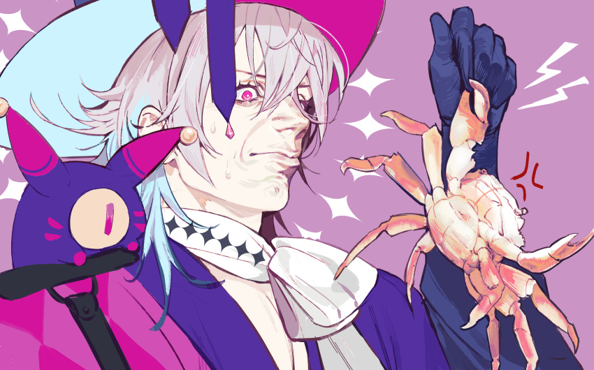 1boy, anger_vein, animal_on_shoulder, asymmetrical_clothes, blue_hair, close-up, closed_mouth, crab