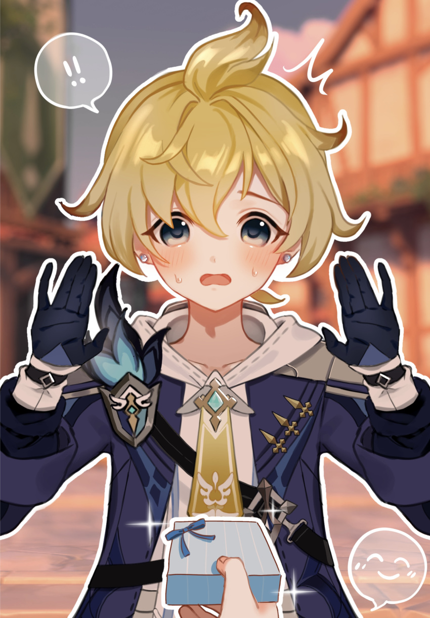 !, !!, 1boy, ^^^, absurdres, ahoge, black_gloves, blonde_hair