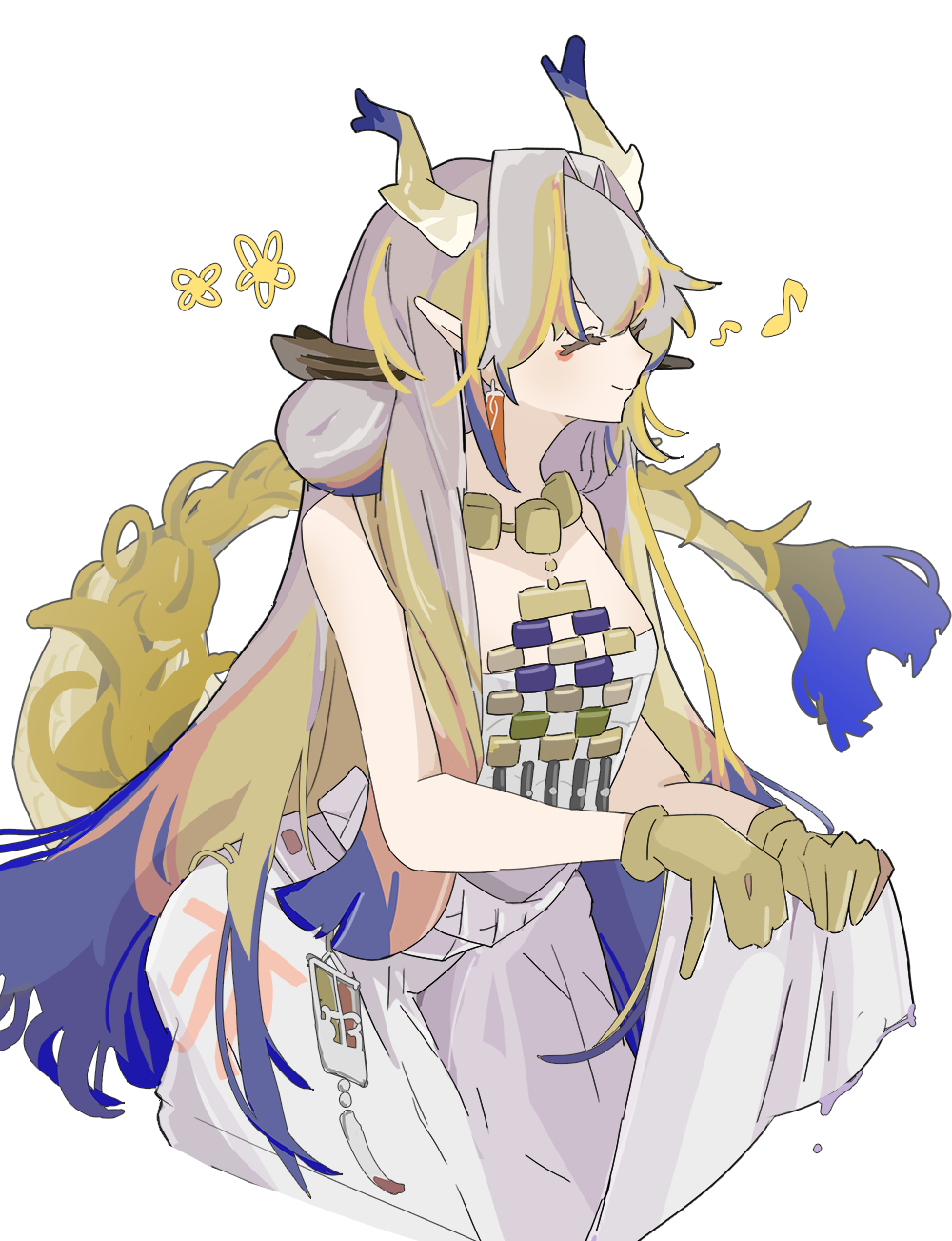 1girl, arknights, bare_shoulders, blonde_hair, blue_hair, closed_eyes, dragon_girl, dragon_horns