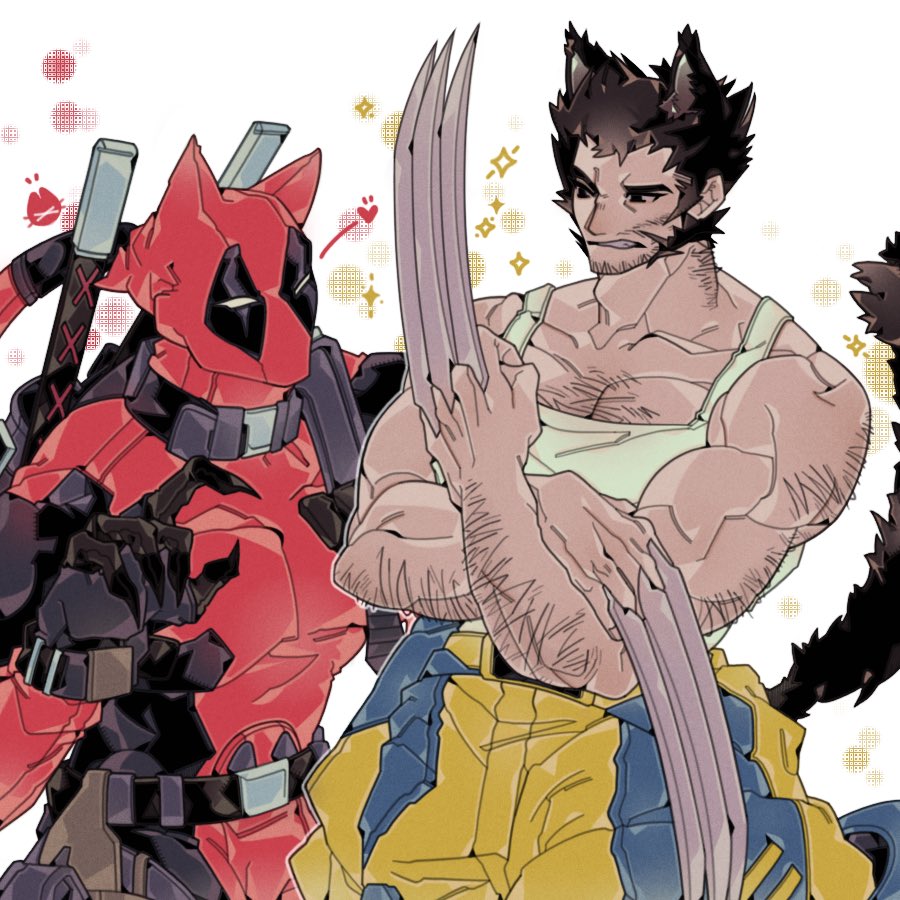 2boys, animal_ears, animification, bodysuit, cat_tail, claw_(weapon), claws, deadpool, deadpool_&amp;_wolverine, deadpool_(series), dotori_012, facial_hair, hairy, katana, marvel, multiple_boys, muscular, muscular_male, red_mask, superhero_costume, sword, tail, two-tone_bodysuit, very_hairy, weapon, wolf_ears, wolverine_(x-men), x-men, yellow_bodysuit