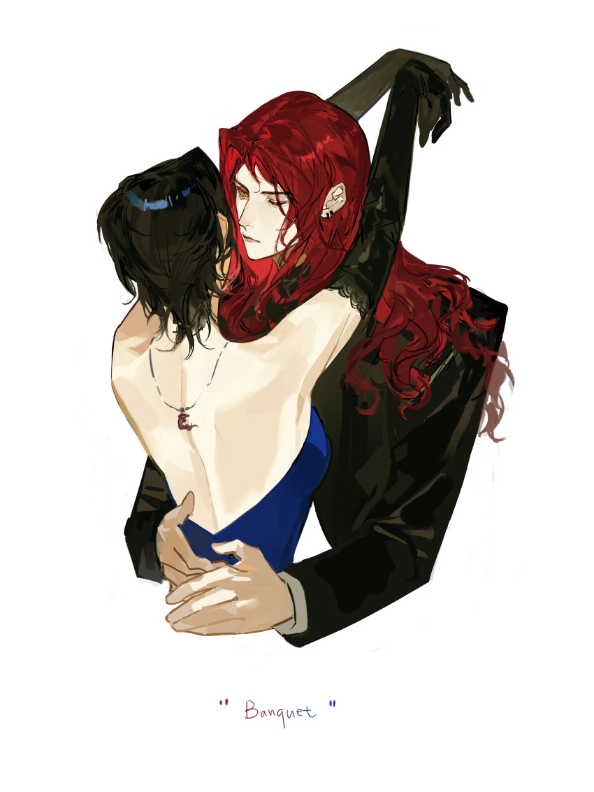 1boy, 1girl, absurdres, back, chesirsaaa, couple, dress, elbow_gloves