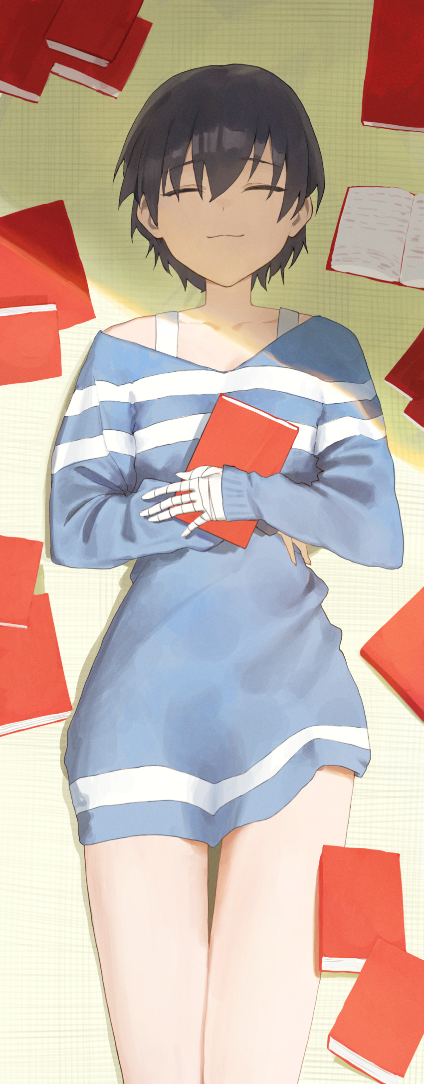 1girl, :3, absurdres, bakemonogatari, bandaged_hand, bandages, black_hair, blue_shirt, book, bra, bra_strap, closed_mouth, collarbone, commentary, double_horizontal_stripe, feet_out_of_frame, from_above, hair_between_eyes, hands_on_stomach, highres, holding, holding_book, kanbaru_suruga, light_smile, long_shirt, long_sleeves, lying, messy_room, monogatari_(series), on_back, open_mouth, shaded_face, shirt, short_hair, sleeping, sleeves_past_wrists, smile, solo, symbol-only_commentary, tabulagami, tatami, tomboy, two-tone_shirt, underwear, white_bra, white_shirt