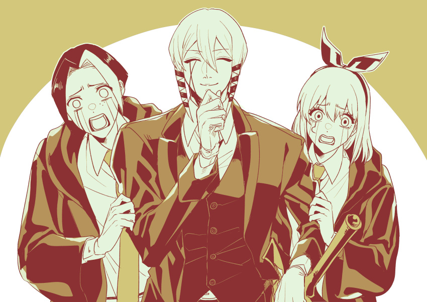 1girl, absurdres, black_hair, black_robe, closed_eyes, collared_shirt, facial_mark, finn_ames, freckles, glasses, gloves, hairband, highres, jacket, kaldo_gehenna, lemon_irvine, mashle, matsurika_0707, monochrome, multiple_boys, necktie, open_mouth, robe, shirt, short_hair, sidelocks, smile, suit, sword, vest, weapon, white_gloves, white_hair