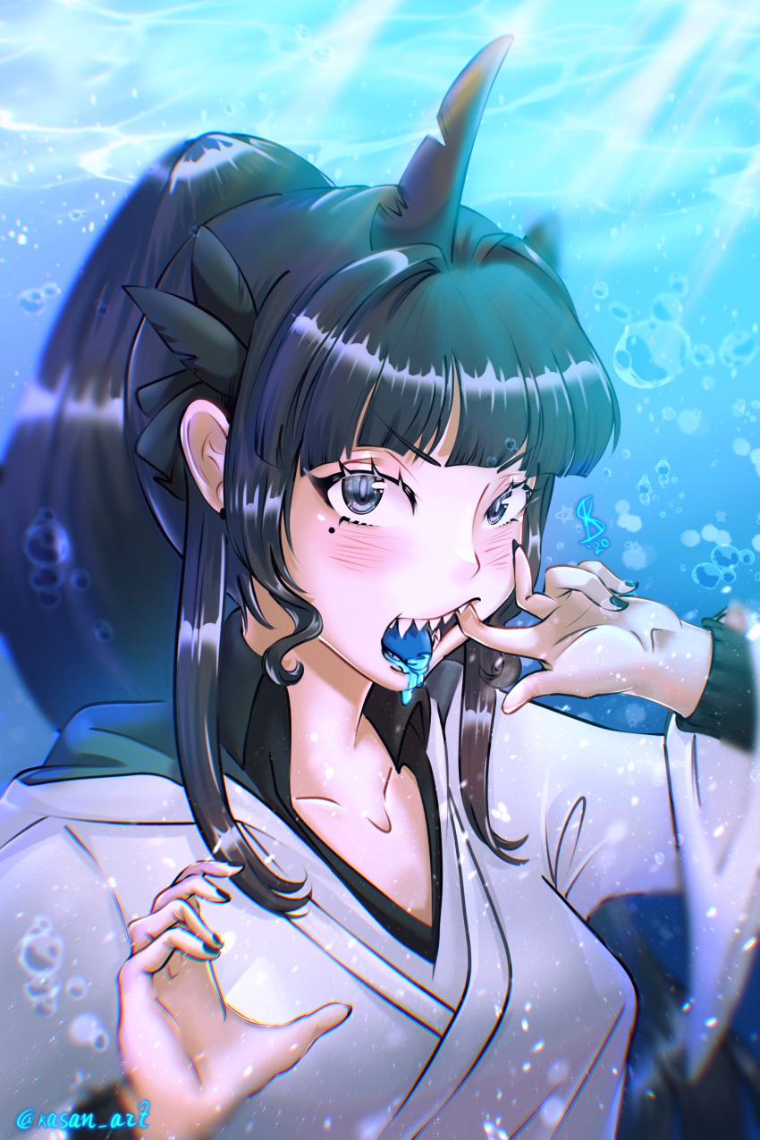 1girl, absurdres, air_bubble, artemis_of_the_blue, artist_name, atelier_live, black_hair, black_nails