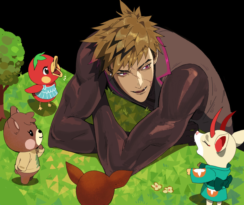 1boy, animal_crossing, arm_support, bear_girl, bird, black_background, black_hair, blonde_hair