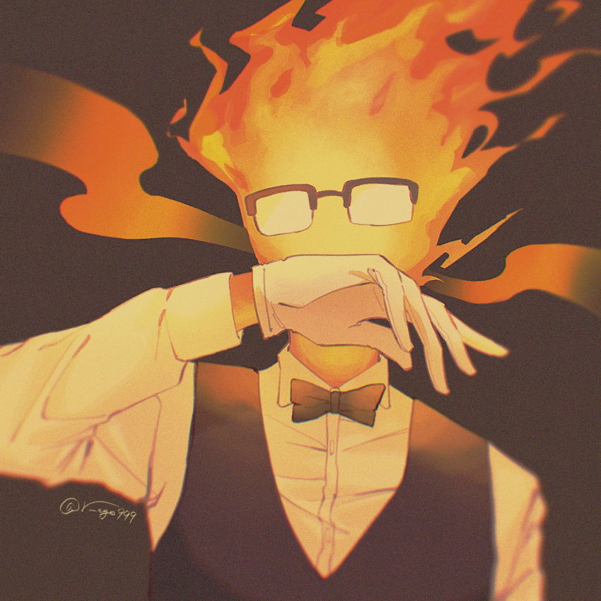 1boy, arm_at_side, black-framed_eyewear, black_background, black_bow, black_bowtie, black_vest, bow, bowtie, chromatic_aberration, collared_shirt, commentary_request, film_grain, fire, glasses, gloves, grillby, hand_up, highres, long_sleeves, looking_at_viewer, male_focus, r_ego999, shirt, simple_background, solo, twintails, undertale, upper_body, vest, white_gloves, white_shirt