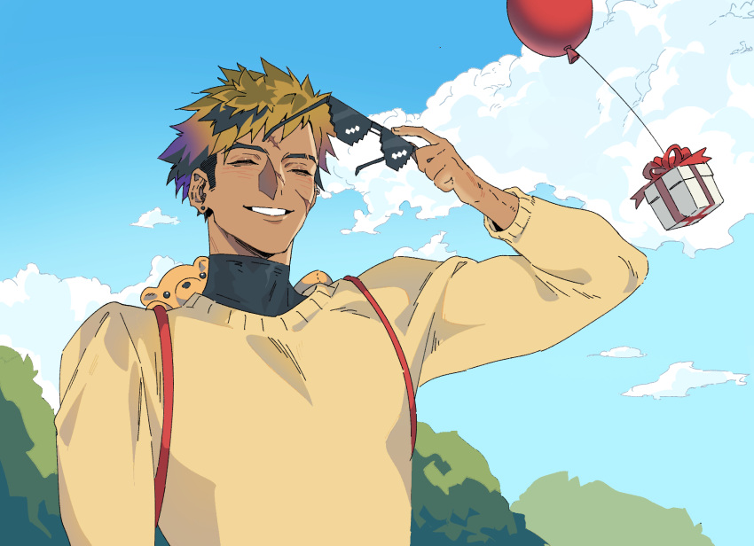 1boy, animal_crossing, backpack, bag, balloon, black_hair, blonde_hair, blue_sky