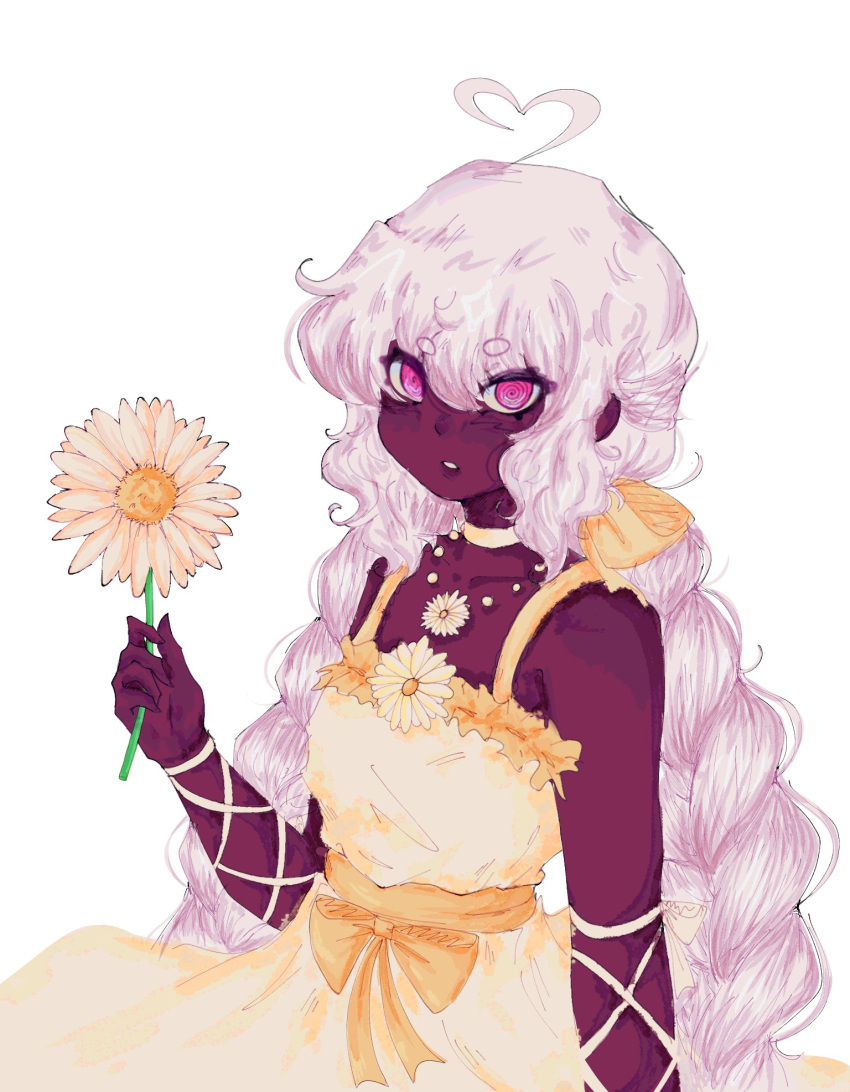 1girl, @_@, ahoge, braid, choker, commentary, dark-skinned_female, dark_skin
