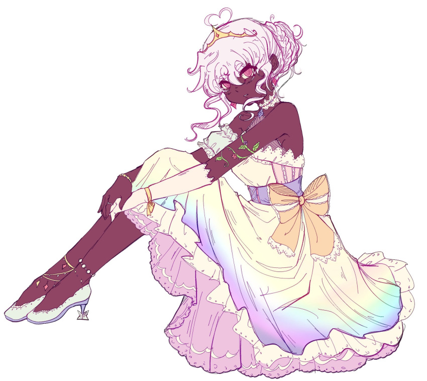 1girl, @_@, ahoge, anklet, arm_strap, bare_shoulders, bracelet, choker, commentary, dark-skinned_female, dark_skin, detached_sleeves, dress, elbow_gloves, from_side, full_body, gloves, gradient_clothes, gradient_dress, halterneck, heart, heart_ahoge, high_heels, highres, jewelry, looking_at_viewer, original, pink_eyes, ring, seacatscrying, single_detached_sleeve, single_elbow_glove, sitting, solo, tiara, very_dark_skin, white_gloves, white_hair