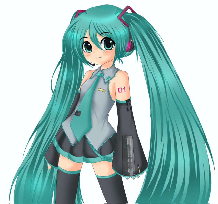 1girl, aqua_eyes, aqua_hair, aqua_necktie, arm_tattoo, black_thighhighs, breasts, commentary
