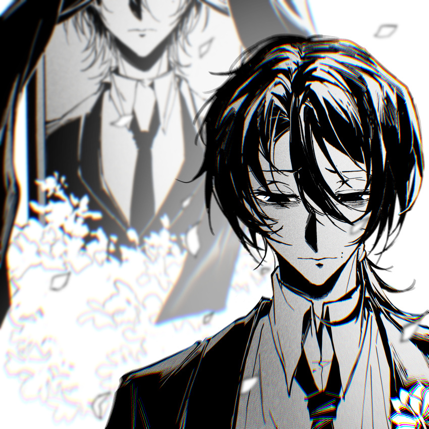 1boy, absurdres, chinese_commentary, closed_mouth, collared_shirt, commentary_request, greyscale, hair_between_eyes