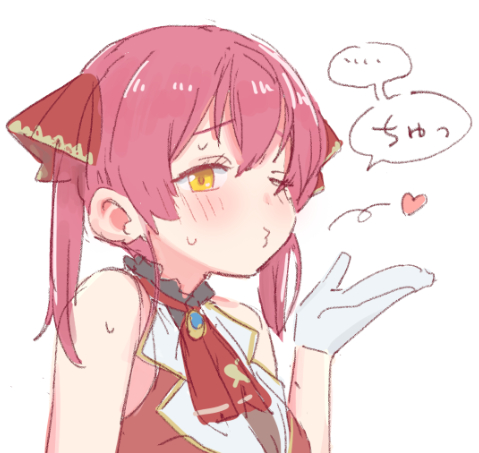 a-ka, ascot, bare_shoulders, blowing_kiss, blush, embarrassed, gloves, gold_trim