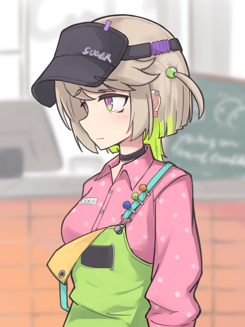 1girl, apron, black_choker, blonde_hair, blush, brown_hair, candy, caraku