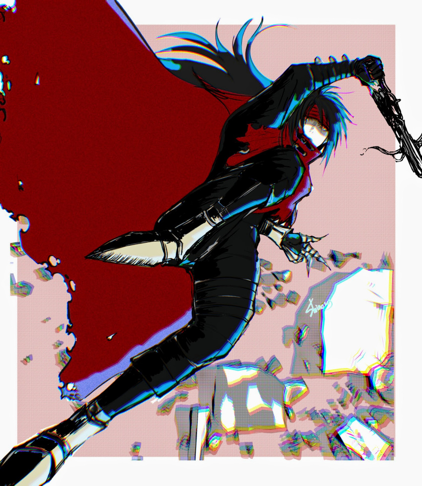 1boy, black_gloves, black_hair, black_pants, black_shirt, border, clawed_gauntlets, cloak