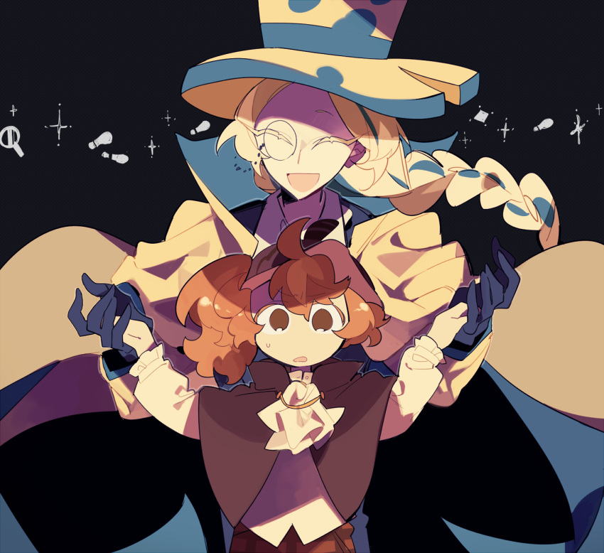 1girl, 1other, :d, age_difference, ahoge, aqua_hair, aqua_hat, ascot