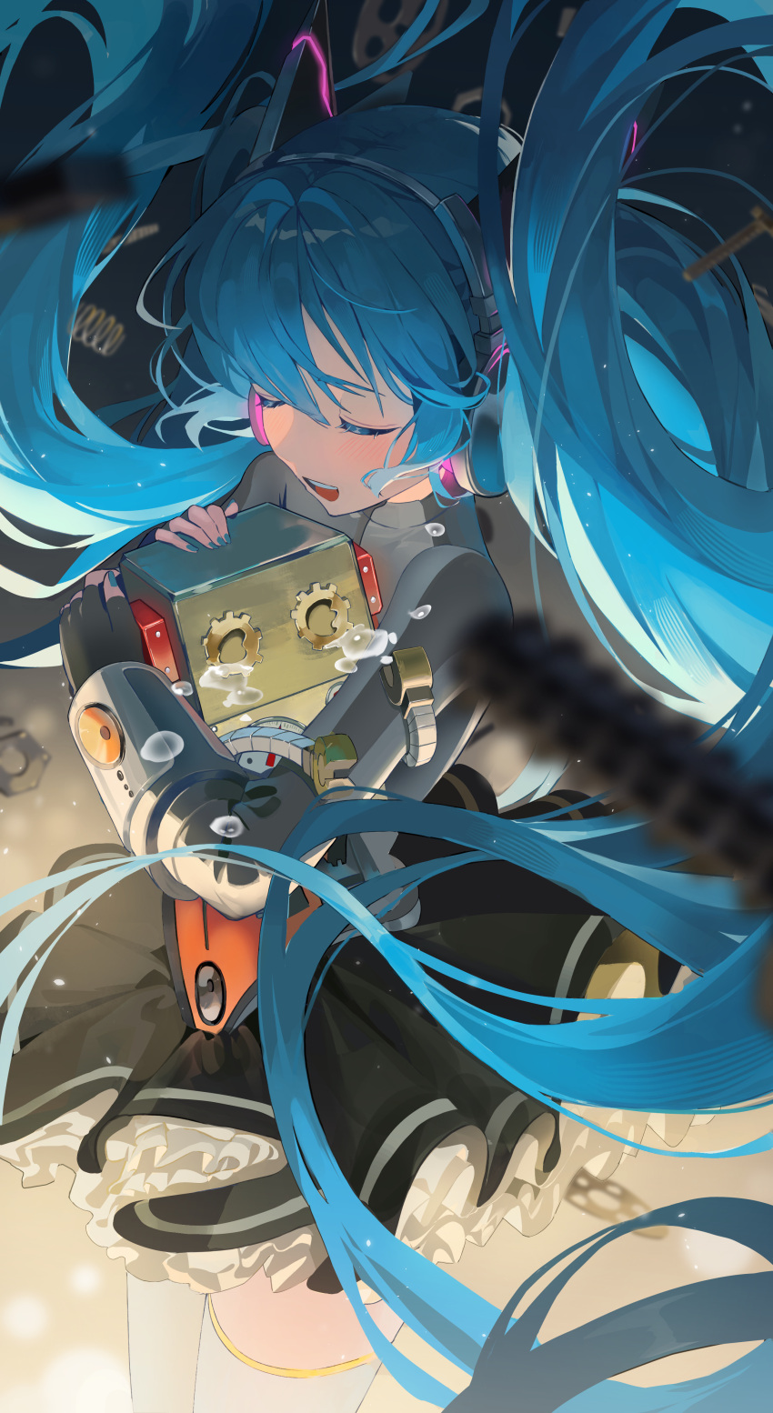 1girl, absurdres, black_gloves, black_skirt, blue_hair, blue_nails, blurry, closed_eyes