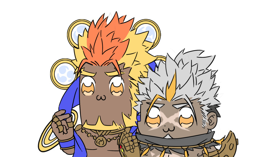2boys, beard, bidziil_(gyee), blonde_hair, buegnahrnc9m9lh, chibi, collar, dark_skin, facial_hair, floating, floating_clothes, floating_object, gyee, highres, jewelry, male_focus, multicolored_hair, multiple_boys, multiple_rings, orange_hair, paradiso_guardian, poptepipic, raikoh_(paradiso_guardian), ring, scarf, simple_background, snapping_fingers, spiky_hair, white_background, white_hair, yellow_eyes