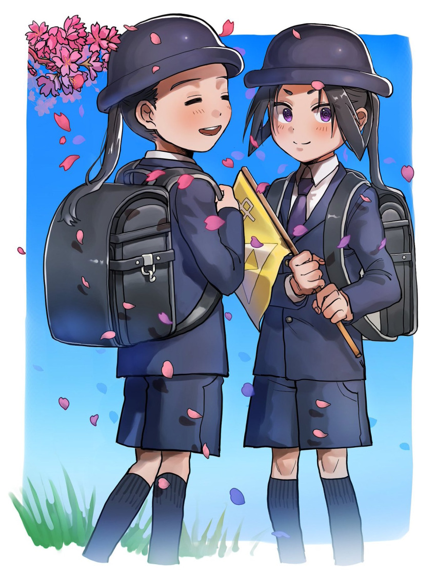 2boys, :d, aojurujuru, backpack, bag, black_hair, black_hat, black_socks