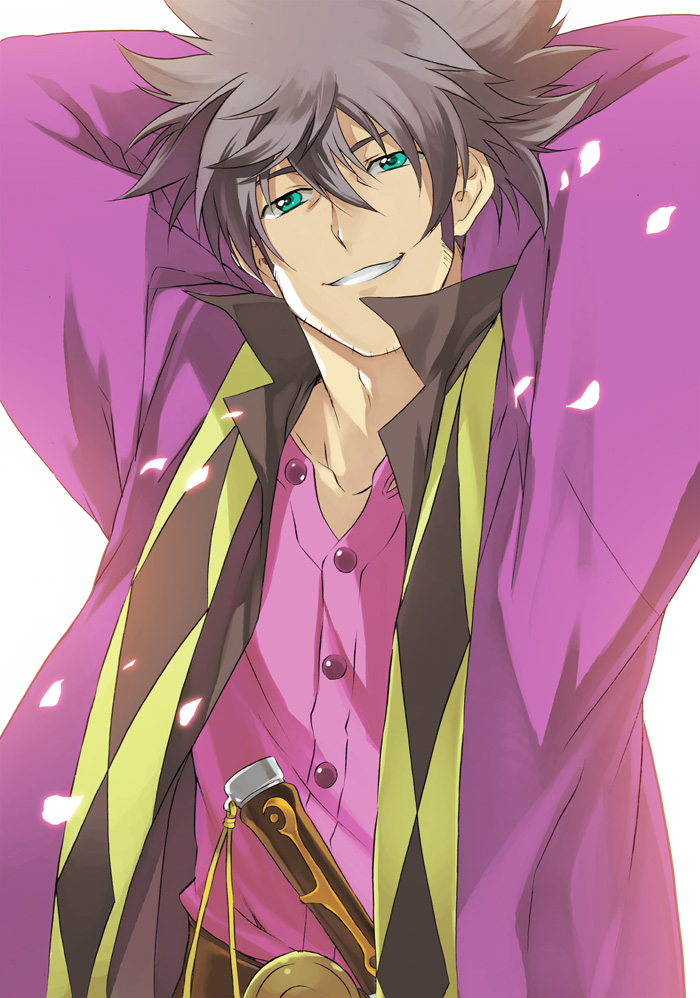 bad_id, black_hair, fujimura_(marina), fujimura_(pixiv43753), green_eyes, grin, male, ponytail