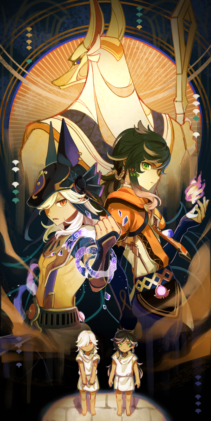 39_iduki, 3boys, absurdres, age_comparison, aged_down, analogous_colors, bishounen, child