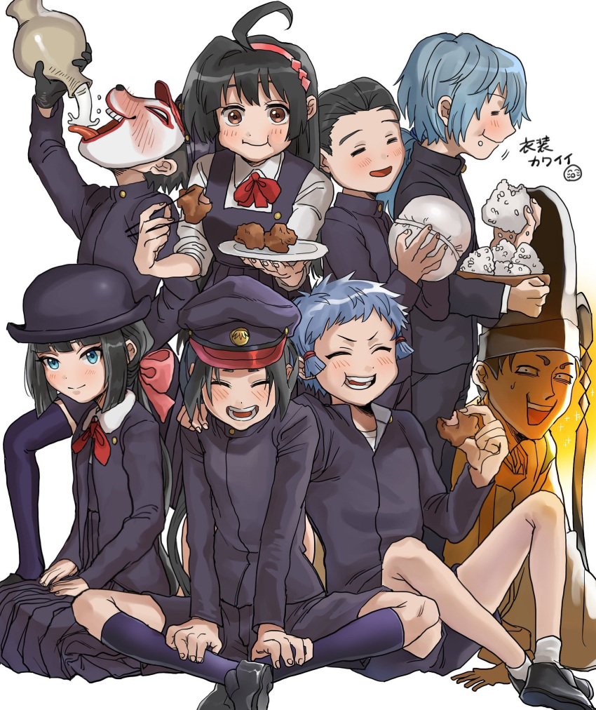 2girls, 6+boys, :d, :t, ahoge, ankle_socks, aojurujuru, ball