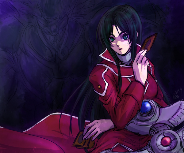 1girl, black_hair, blue_eyes, card, coat, crossed_arms, dark_background, duel_academy_uniform_(yu-gi-oh!_gx), duel_disk, duel_monster, facing_viewer, hibiki_midori, holding, holding_card, jacket, looking_at_viewer, open_mouth, playing_card, poo-kame, red_jacket, shirt, trench_coat, white_shirt, yu-gi-oh!, yu-gi-oh!_gx