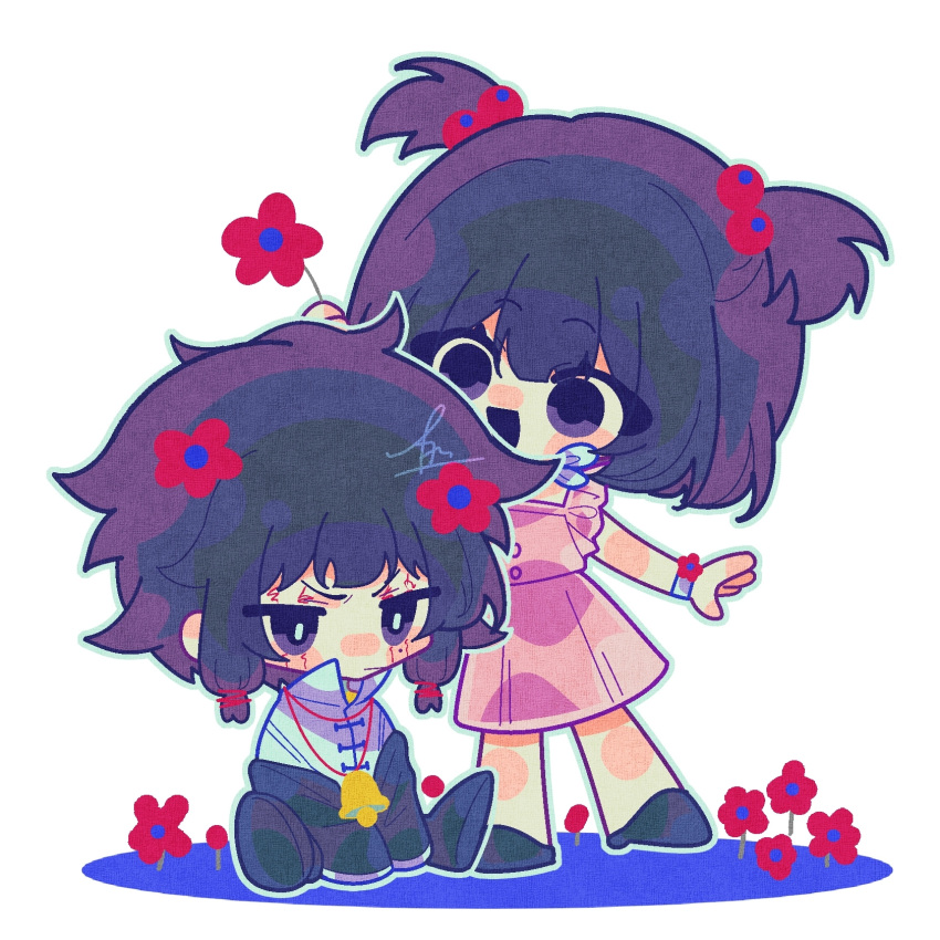 1boy, 1girl, an_laotou, black_eyes, black_footwear, black_hair, black_jacket, black_pants, bracelet, bright_pupils, chibi, chibi_only, chinese_commentary, closed_mouth, commentary_request, dress, facial_tattoo, flower, flower_bracelet, hair_bobbles, hair_flower, hair_ornament, highres, huai_huizhi, jacket, jewelry, long_sleeves, medium_hair, mole, mole_under_eye, open_mouth, pants, pink_dress, red_flower, shirt, short_twintails, signature, simple_background, sleeveless, sleeveless_dress, sleeves_past_fingers, sleeves_past_wrists, smile, tattoo, touqi_guaitan, twintails, white_background, white_pupils, white_shirt, ziche_fuzhao