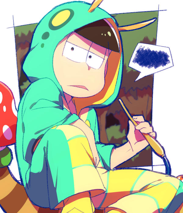 1boy, blunt_bangs, border, brown_hair, bug_costume, cable, character_request, cosplay, fake_antennae, feet_out_of_frame, forest, frown, green_jumpsuit, grey_eyes, half-closed_eyes, holding, hood, hood_up, hooded_jumpsuit, jumpsuit, kigurumi, mushroom, nature, object_request, official_style, open_mouth, osmt365, osomatsu-san, osomatsu_(series), outside_border, short_hair, sitting, sitting_on_branch, solo, spoken_squiggle, squiggle, triangle_mouth, white_border, yellow_footwear