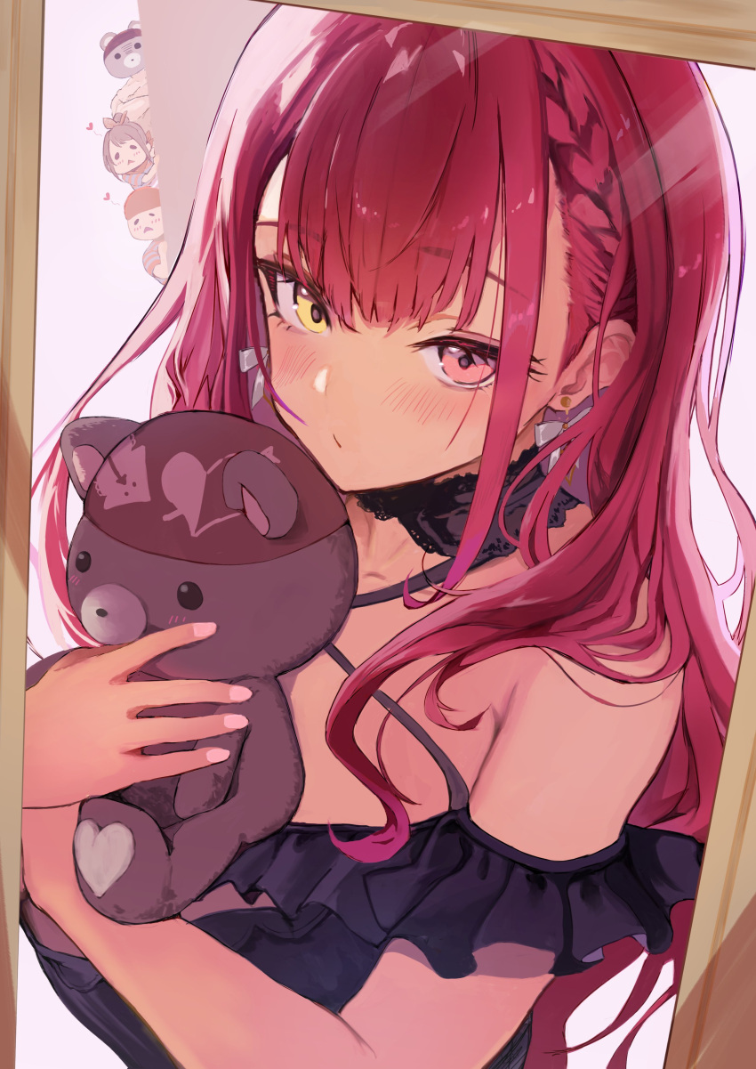 1girl, absurdres, black_nightgown, blush, earrings, heterochromia, highres, holding