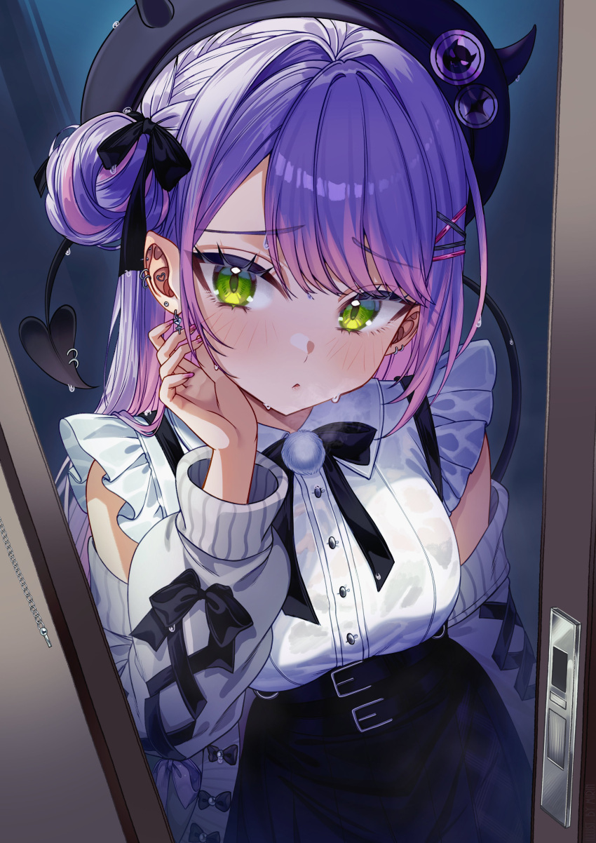 1girl, absurdres, beret, black_beret, black_skirt, blush, by_mirin, demon_girl